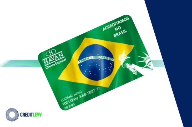 Cartão de crédito Havan com bandeira do Brasil e imagem da Estátua da Liberdade, em fundo branco com elementos gráficos e logo da CreditLevy.