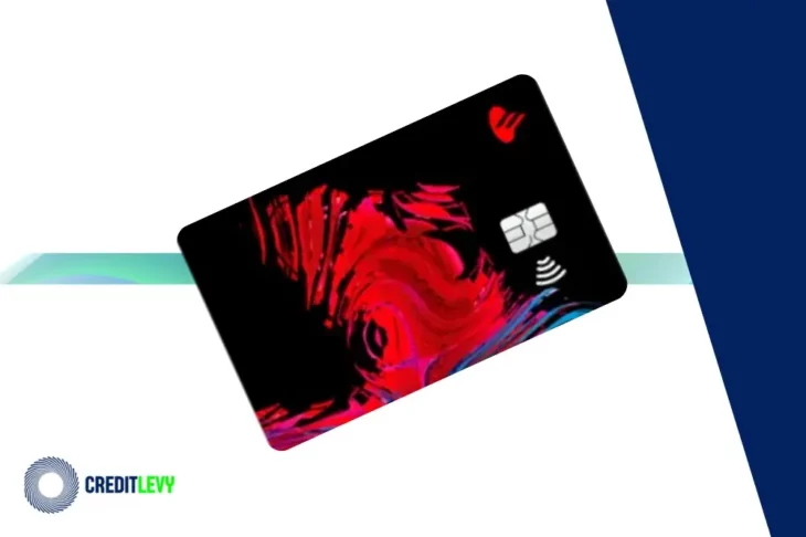 Cartão de crédito Santander Free com design moderno em vermelho e preto, chip e tecnologia de aproximação, sobre fundo branco com detalhes gráficos.