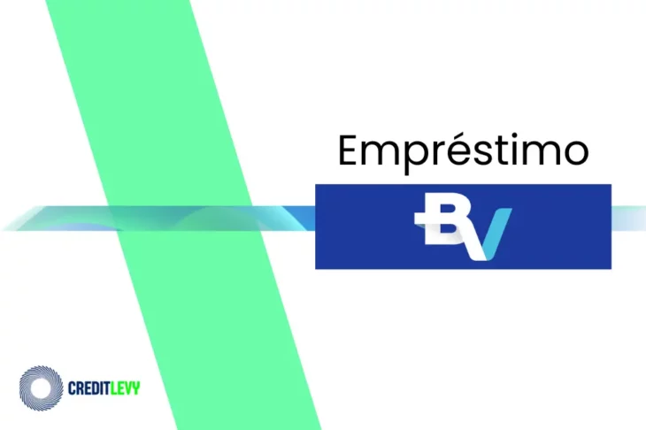 Imagem com o logotipo do empréstimo BV, com letras brancas sobre fundo azul e elementos gráficos em verde e azul ao fundo.