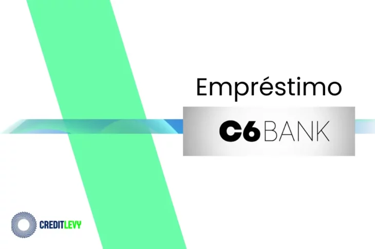 Imagem com o logotipo do empréstimo C6 Bank, com faixa cinza e detalhes gráficos em verde e azul sobre fundo branco.