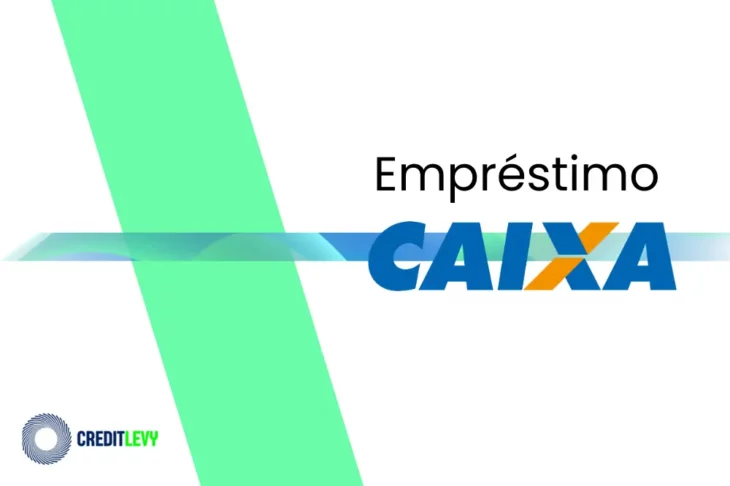 Imagem com o logotipo do empréstimo CAIXA, com nome em azul e detalhes em laranja, sobre fundo branco com elementos gráficos em verde e azul.