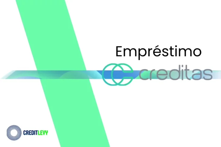 Imagem com o logotipo do empréstimo com garantia Creditas, com nome em cinza e azul, símbolo circular em verde e fundo branco com elementos gráficos.