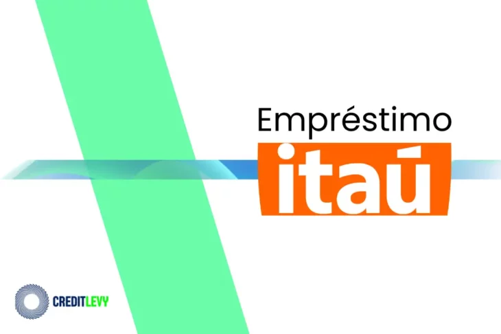 Imagem com o logotipo do empréstimo Itaú, em branco sobre fundo laranja, com elementos gráficos em verde e azul sobre fundo branco.