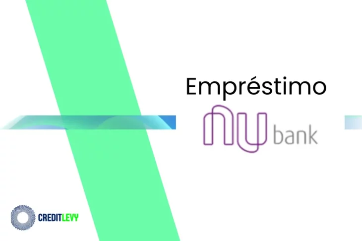 Imagem com o logotipo do empréstimo Nubank, em roxo e cinza, com fundo branco e elementos gráficos em verde e azul.