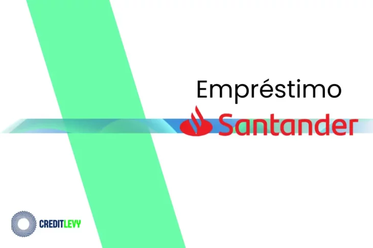 Imagem com o logotipo do empréstimo Santander, com nome em vermelho e símbolo característico, sobre fundo branco com detalhes gráficos em verde e azul.