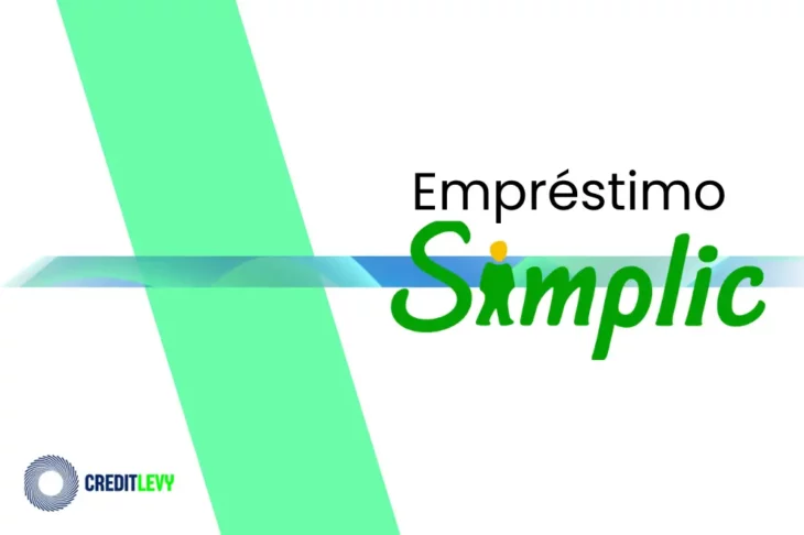 Imagem com o logotipo do empréstimo Simplic, com nome em verde, figura amarela dentro da letra S e fundo branco com detalhes gráficos.