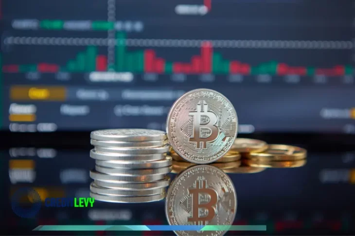 Monedas de Bitcoin frente a una pantalla con gráficos financieros, ilustrando el concepto de fondos de inversión y diversificación de activos.