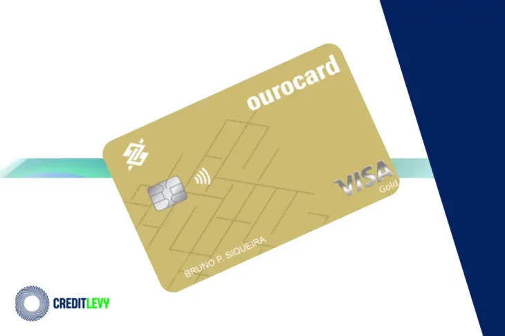 Imagem do Cartão de crédito Ourocard Gold, na cor dourada, com tecnologia contactless e bandeira Visa Gold.