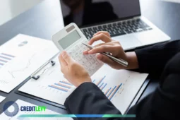 Pessoa calculando sobre gráficos financeiros com laptop ao fundo, simbolizando análise e tomada de decisão em investimentos de renda variável.