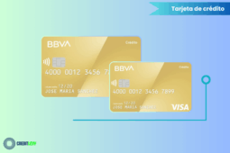 Imagen de la tarjeta de crédito BBVA Oro Visa, destacando beneficios premium, recompensas, flexibilidad de pagos y seguridad en compras nacionales e internacionales.