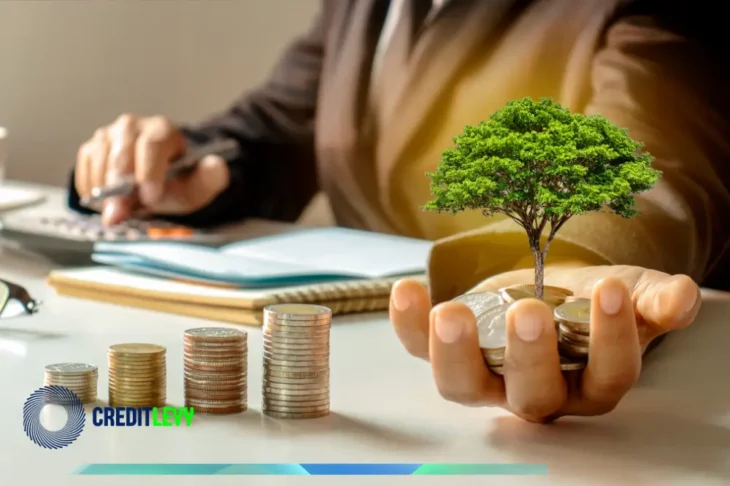 Mano sosteniendo monedas de las que crece un árbol, junto a pilas de monedas, representando el ahorro y el crecimiento de la inversión en Afore para el futuro.