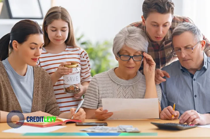 Familia revisando documentos y calculando finanzas con frasco de ahorro, ilustrando cómo crear un presupuesto familiar efectivo.