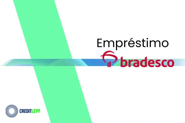 Imagem com o logotipo do empréstimo Bradesco, exibindo o nome do banco e elementos gráficos em verde e azul.