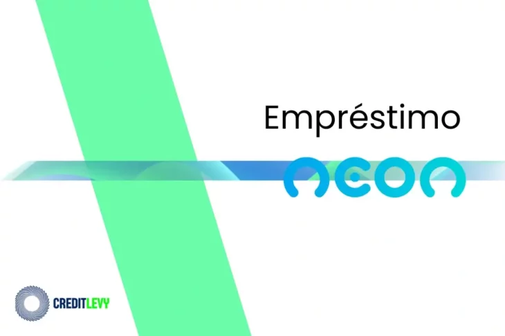 Imagem com o logotipo do empréstimo Neon, em azul degradê, com fundo branco e detalhes gráficos em verde e azul.