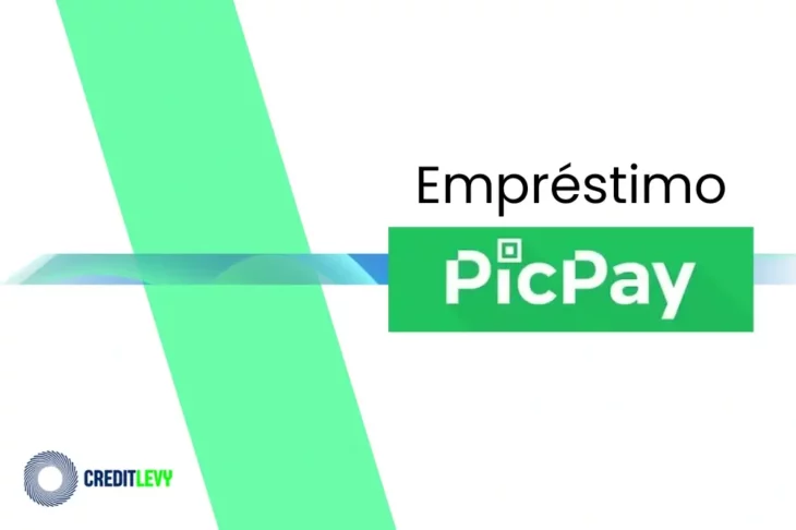 Logotipo do empréstimo PicPay em destaque sobre fundo branco com faixas verdes e azuis, representando crédito pessoal rápido, digital e sem burocracia.