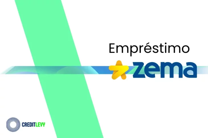 Imagem com o logotipo do empréstimo Zema, com estrela amarela e o nome Zema em azul sobre fundo claro com elementos gráficos.