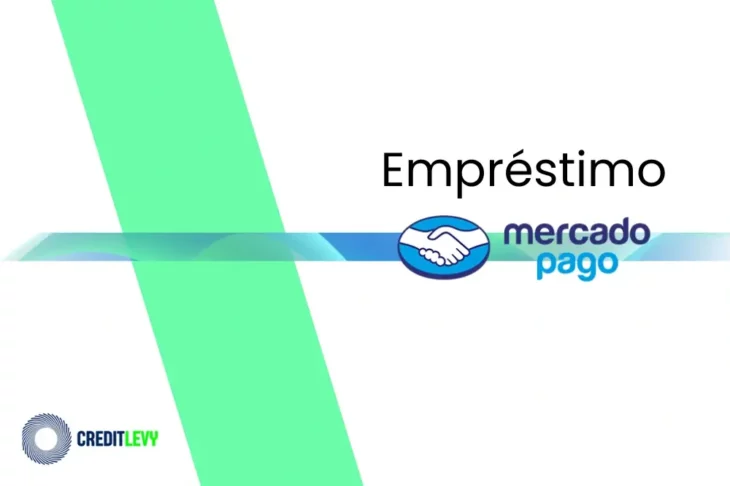 Logo do empréstimo Mercado Pago em destaque sobre fundo branco com faixas verdes e azuis, representando crédito digital prático e acessível via aplicativo.