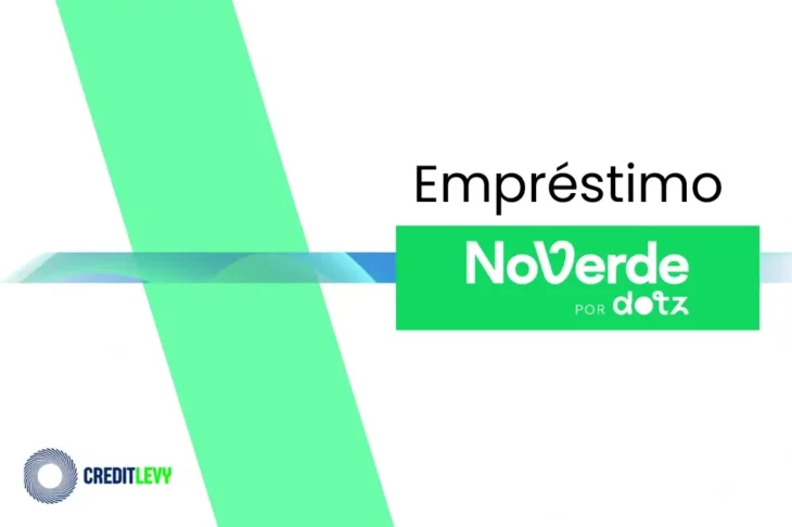 Logotipo do empréstimo NoVerde por Dotz em destaque sobre fundo branco com faixas verdes e azul, representando crédito pessoal digital e acessível.