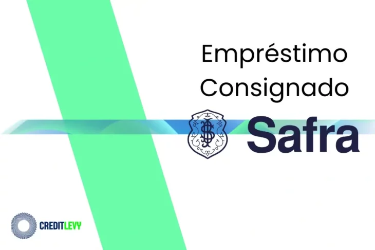 Imagem com o logotipo do empréstimo consignado Safra, brasão do banco e elementos gráficos em verde e azul sobre fundo branco.