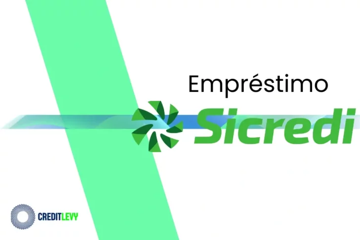 Imagem com o logotipo do empréstimo consignado Sicredi, em verde, com fundo branco e detalhes gráficos em verde e azul.