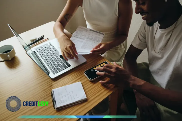Pareja revisando documentos y calculando gastos en computadora y móvil, representando la gestión de finanzas para parejas y planificación conjunta.