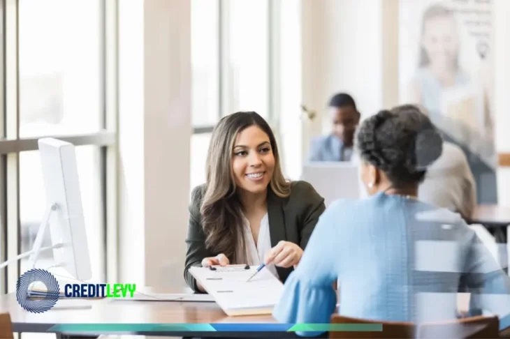 Asesora financiera conversando con una cliente y revisando documentos, representando el análisis de tipos de préstamos y cómo elegir el más adecuado.