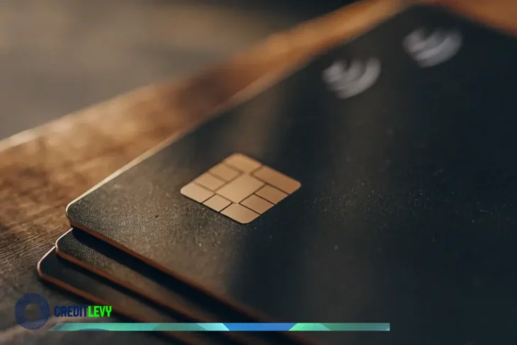 Close-up de cartão premium preto com chip e símbolo de pagamento por aproximação.