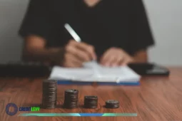 Persona calculando presupuesto con monedas apiladas, simbolizando ingresos variables.