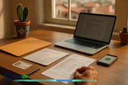 Mano revisando solicitud con identificación, estados de cuenta y laptop en mesa; escena que representa los requisitos para obtener una tarjeta de crédito.