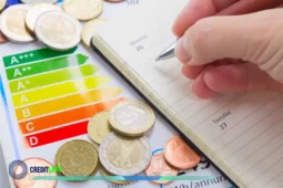 Agenda com mão anotando, moedas e etiqueta de eficiência energética, simbolizando planejamento e economia de energia no horário de verão.