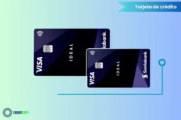 Tarjeta de crédito IDEAL Scotiabank Visa de color negro y azul oscuro con chip, diseño moderno y beneficios flexibles para compras nacionales e internacionales.