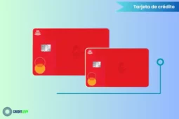 Imagen ilustrativa de una tarjeta de crédito Santander LikeU roja, con chip, tecnología contactless y logotipo de Credit Levy en la esquina inferior.