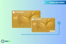 Tarjeta Inbursa ORO de color dorado con chip y logotipo Visa, sobre fondo blanco con detalles en azul, representando exclusividad y beneficios financieros.