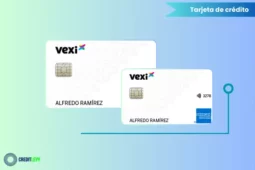 Tarjeta de crédito Vexi American Express blanca, con chip, logo de American Express y nombre del titular, ideal para construir historial crediticio con beneficios de recompensas.
