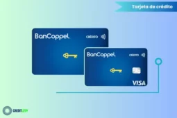 Imagen de la tarjeta de crédito BanCoppel Visa, destacando su acceso fácil, control desde la app, promociones de pago y aceptación internacional.