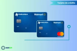 Tarjeta de crédito Walmart Inbursa azul con chip, logotipos de Walmart, Inbursa y Mastercard, diseñada para compras y beneficios en tiendas Walmart.