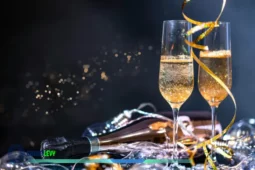 Copas de champagne y serpentinas en una mesa de celebración, imagen para ahorrar dinero al final del año.