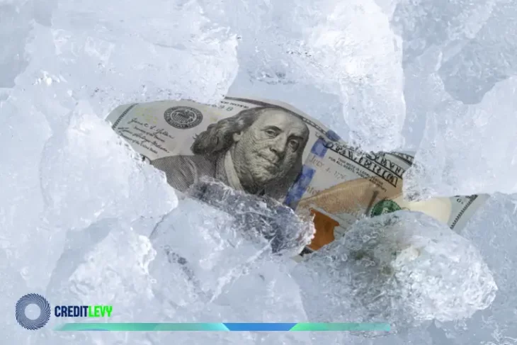 Cuenta bancaria congelada, billete de 100 dólares atrapado entre bloques de hielo.