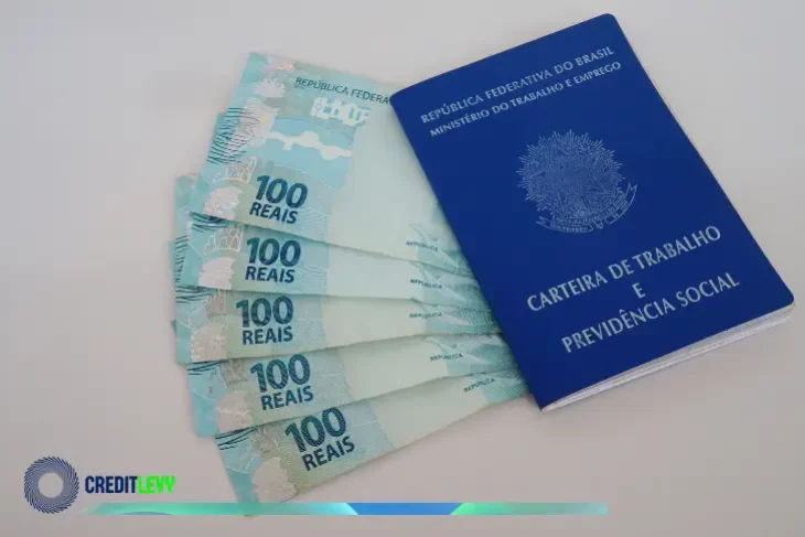 Carteira de trabalho ao lado de notas de 100 reais, imagem sobre abono salarial.